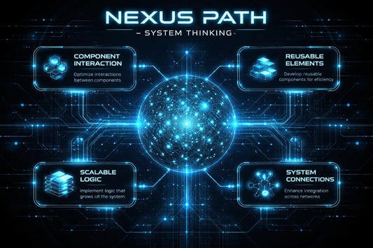 Nexus Path system thinking diagram with blue glowing elements on a dark background