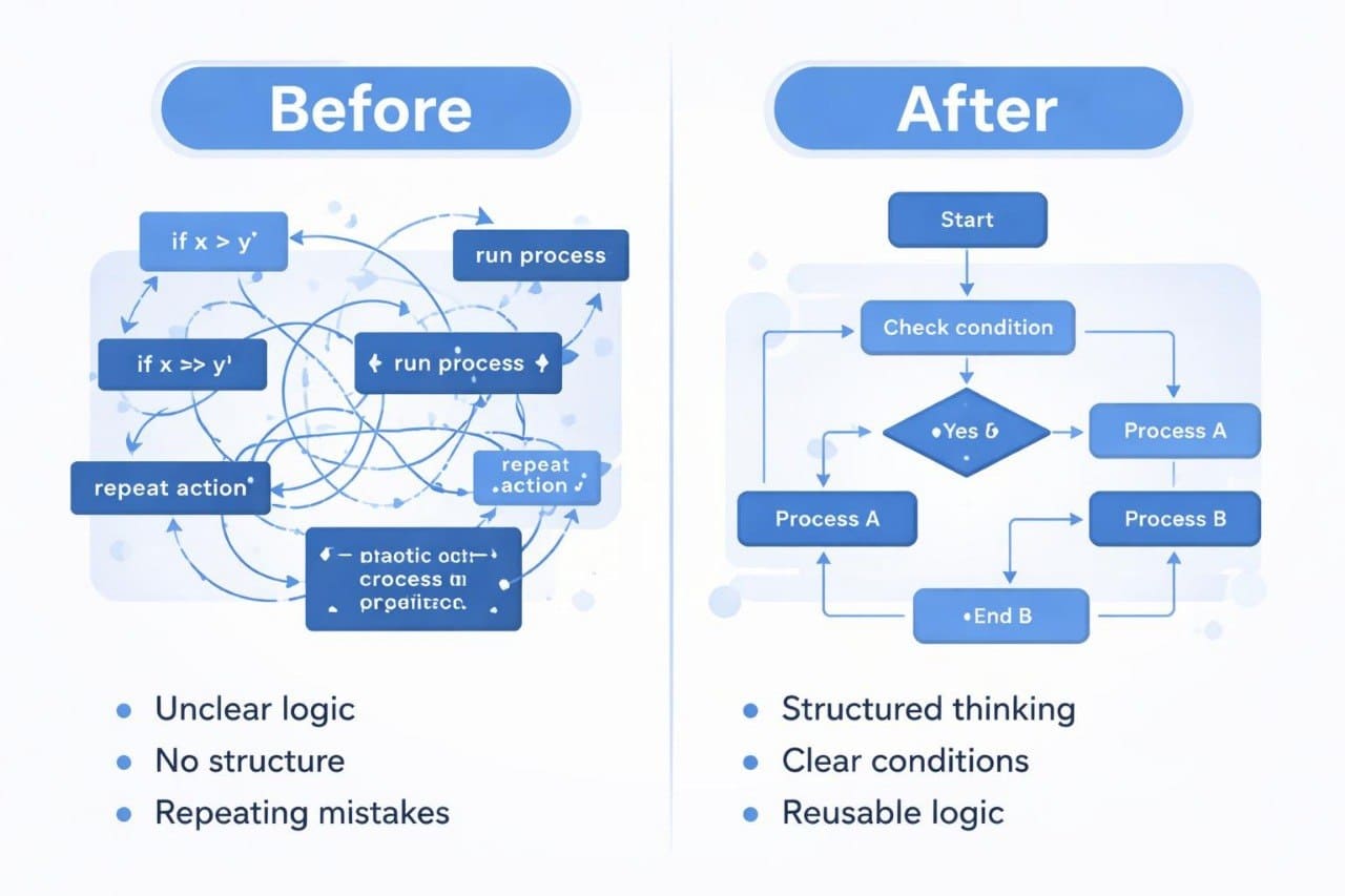 Comparison of unclear and clear flowchart diagrams labeled 'Before' and 'After'.