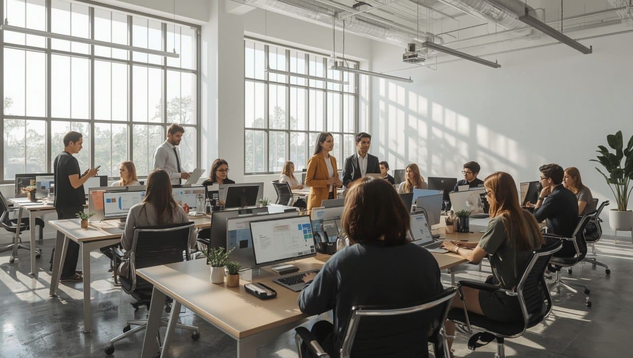 Modern office with employees working at their desks.