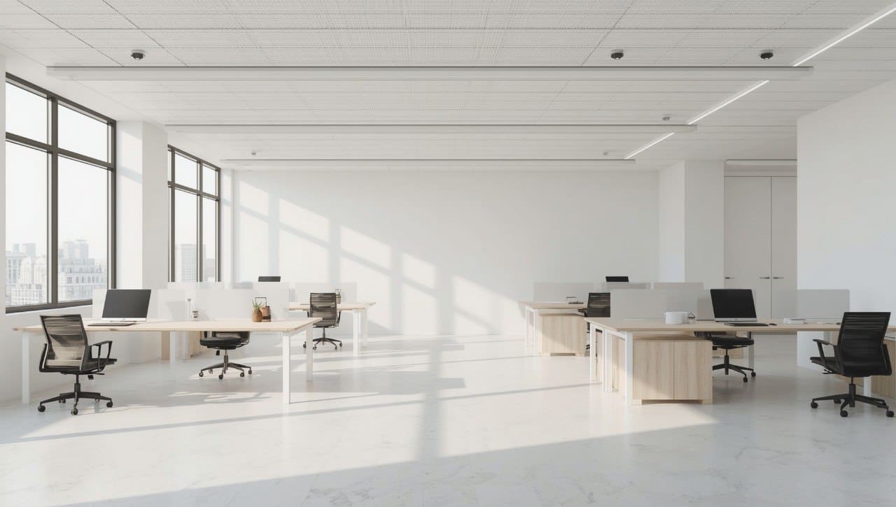 Modern office space with desks, chairs, and large windows.