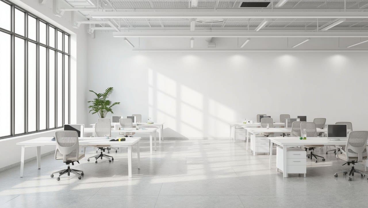 Modern office space with white desks, chairs, and large windows.