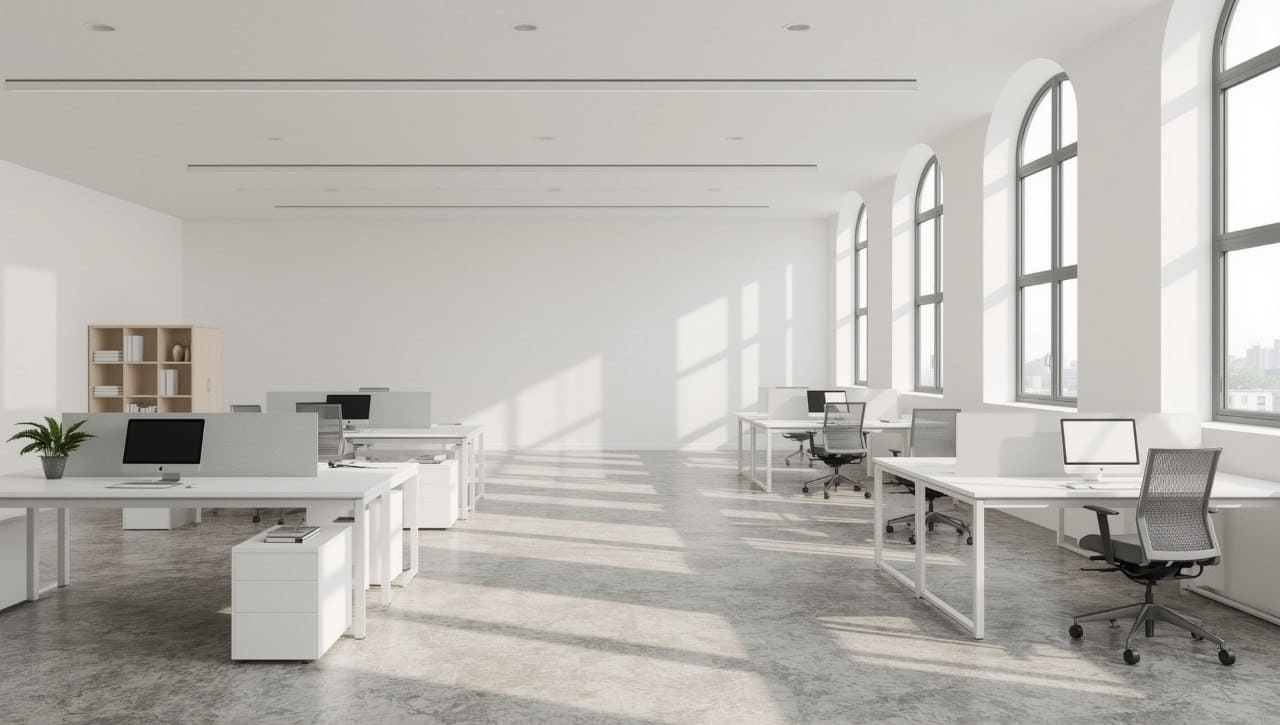 Modern office space with white desks and chairs in a bright room with large windows.