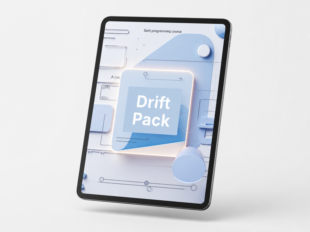 Tablet displaying a 'Drift Pack' app on a light gray background