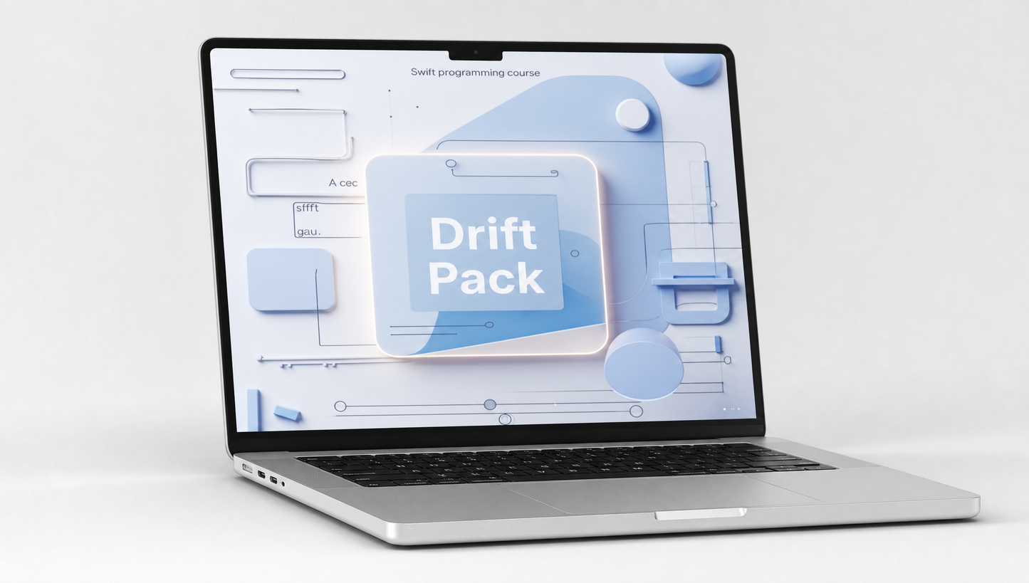 Laptop displaying a software interface with 'Drift Pack' on a white background