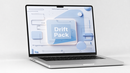Laptop displaying a software interface with 'Drift Pack' on a white background