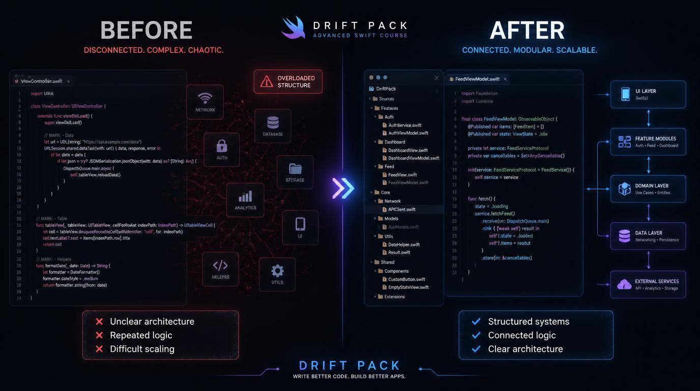 Comparison of 'Before' and 'After' diagrams for Drift Pack software architecture.