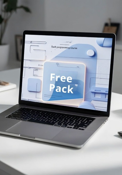 Laptop on a desk with a screen displaying a free pack offer.