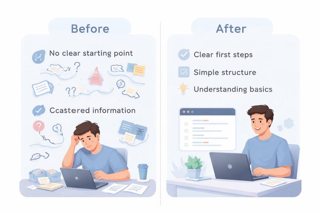 Before and after comparison of a person using a laptop with clear information and structure.