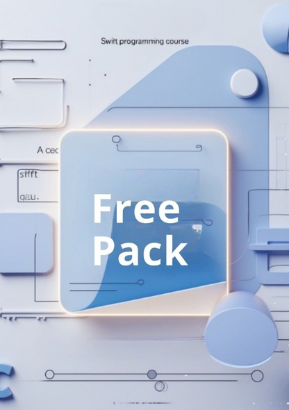 Promotional graphic for a free Swift programming course pack with blue and white design elements.
