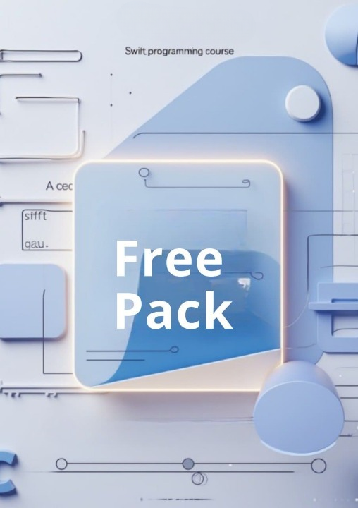 Promotional graphic for a free Swift programming course pack with blue and white design elements.