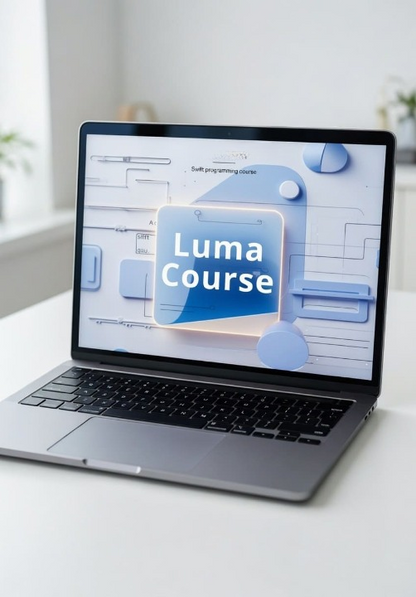 Laptop displaying a 'Luma Course' on a white desk with a light background