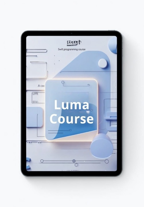 Tablet displaying the Luma Course app on a white background