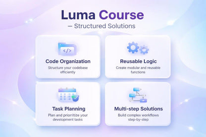 Luma Course structured solutions with icons and text on a gradient background