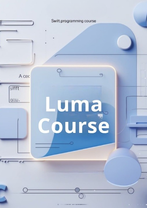 Luma Course promotional graphic with blue and white design elements on a light gray background