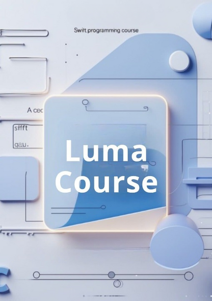 Luma Course promotional graphic with blue and white design elements on a light gray background