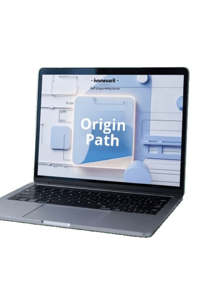 Laptop displaying the 'Origin Path' software on a white background
