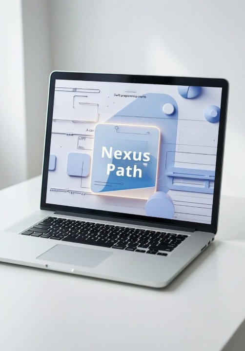 Laptop on a white surface with 'Nexus Path' displayed on the screen