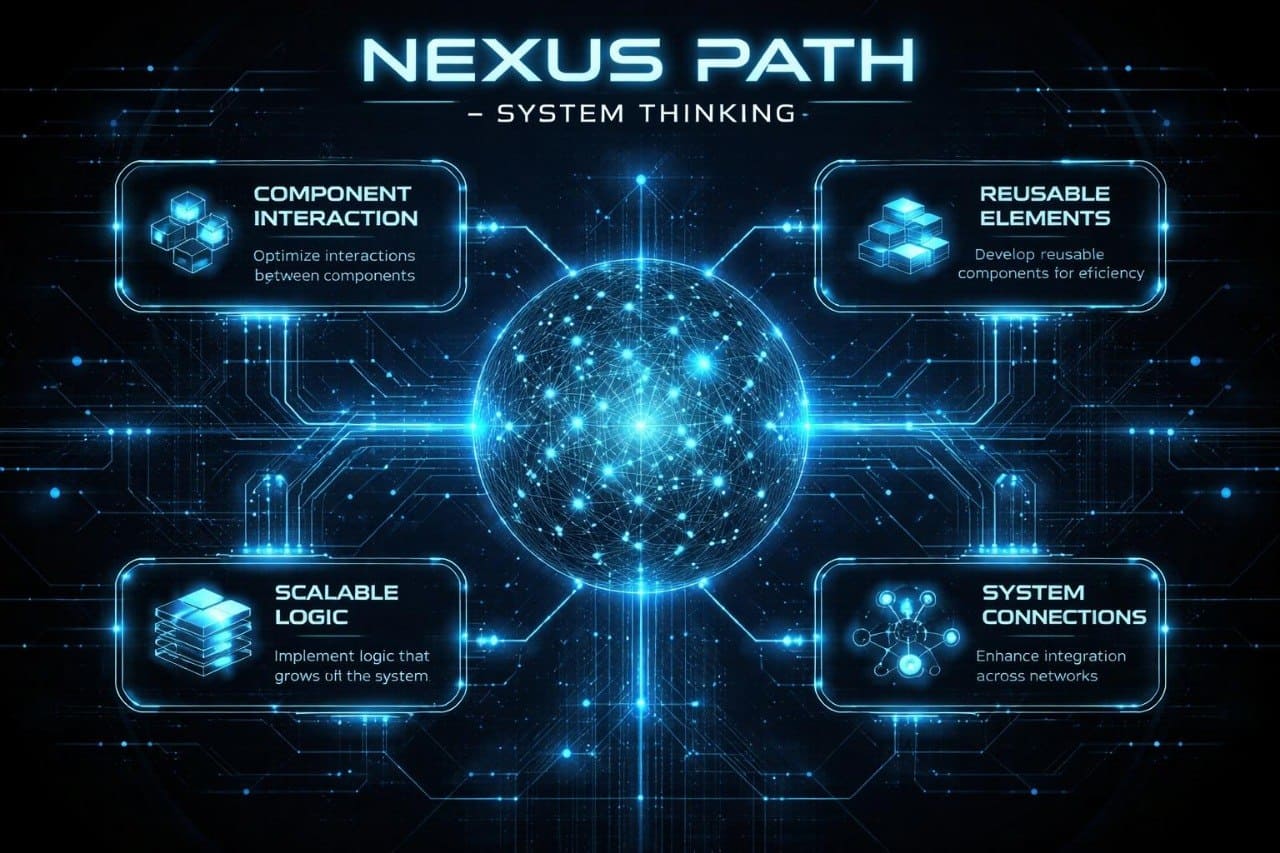 Nexus Path system thinking diagram with blue glowing elements on a dark background