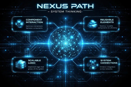 Nexus Path system thinking diagram with blue glowing elements on a dark background