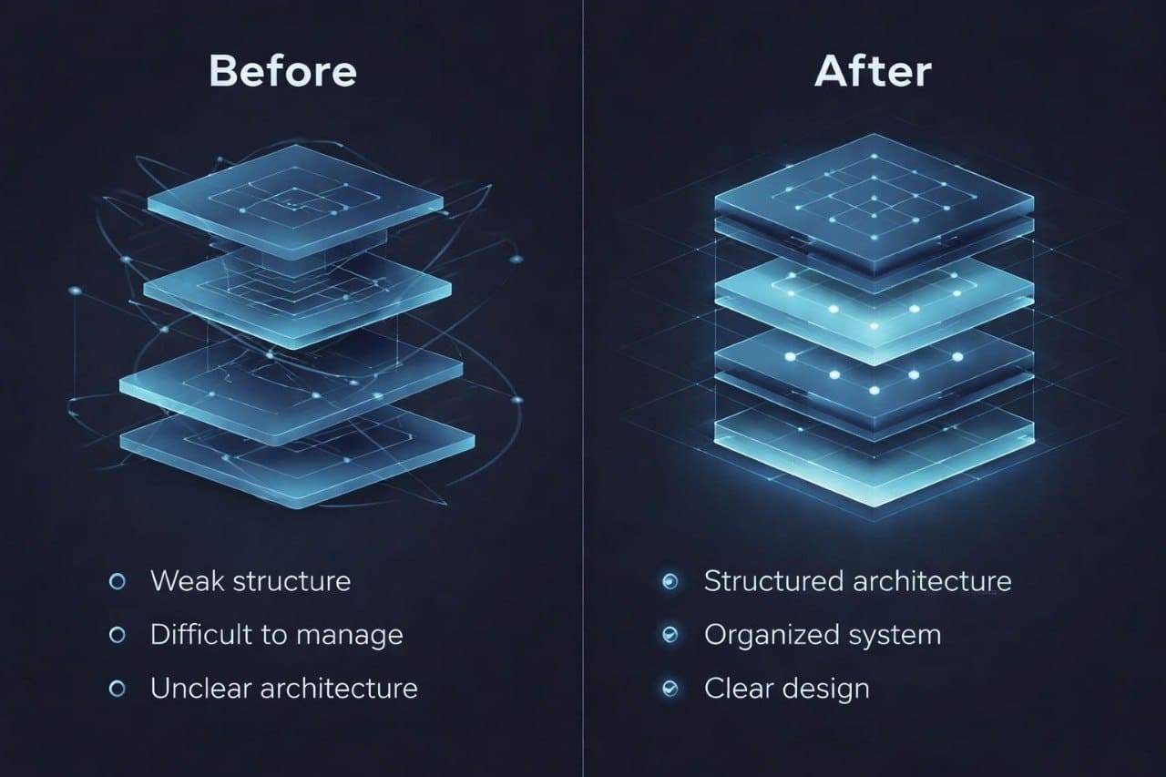 Before and after comparison of a layered structure with text describing improvements.