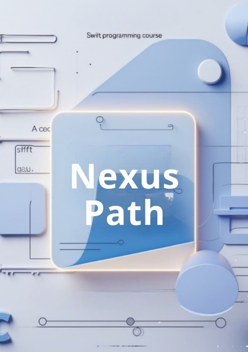 Nexus Path Swift programming course promotional image with blue and white design elements.