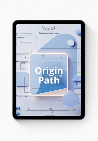 Tablet displaying a Swift programming course app with 'Origin Path' on the screen.