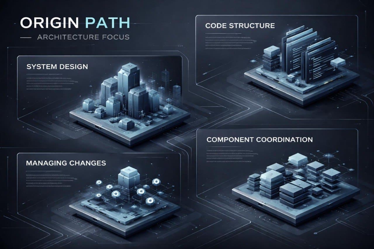 Diagram of system design, code structure, component coordination, and managing changes with futuristic cityscape elements.