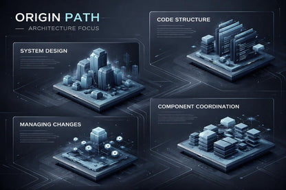 Diagram of system design, code structure, component coordination, and managing changes with futuristic cityscape elements.