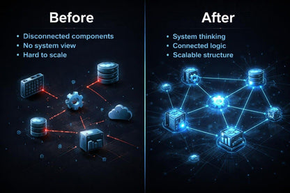 Before and after comparison of system components on a dark background with network connections.