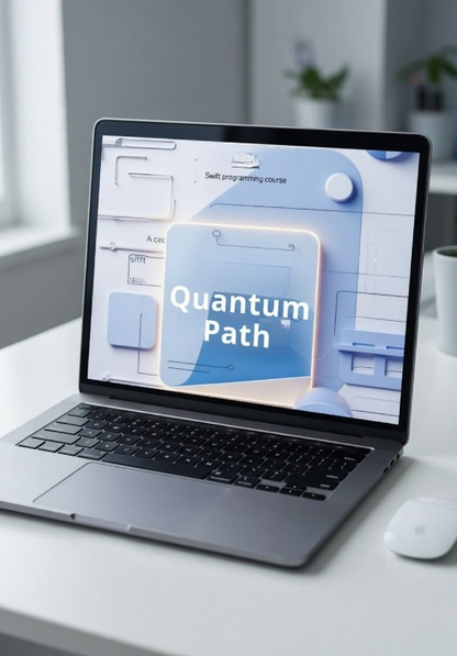 Laptop on a desk displaying a 'Quantum Path' course on a computer screen.