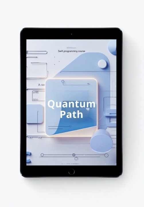 Tablet displaying a 'Quantum Path' programming course on a white background