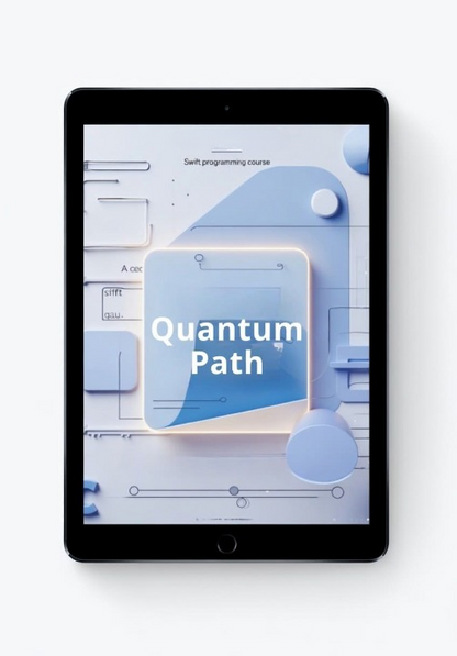 Tablet displaying a 'Quantum Path' programming course on a white background