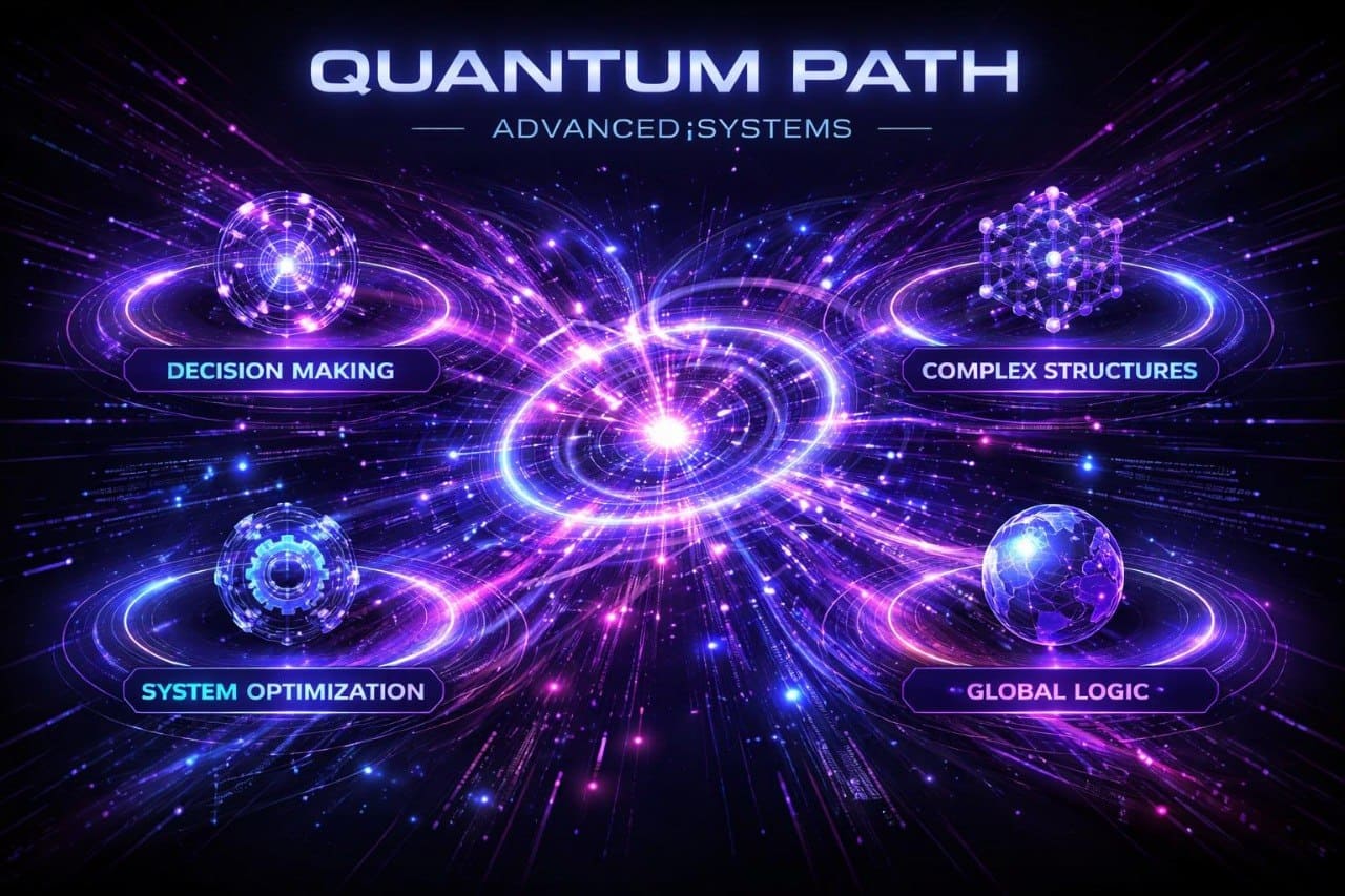 Quantum Path Advanced Systems diagram with futuristic design elements on a dark background