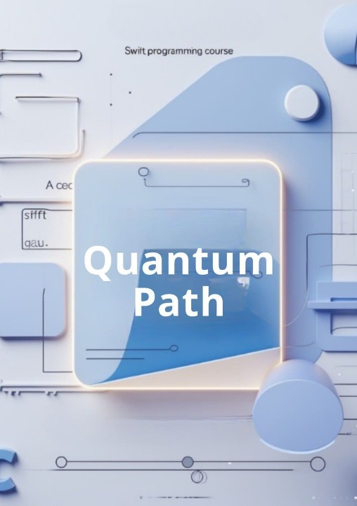 Promotional graphic for 'Quantum Path' Swift programming course with abstract design elements.
