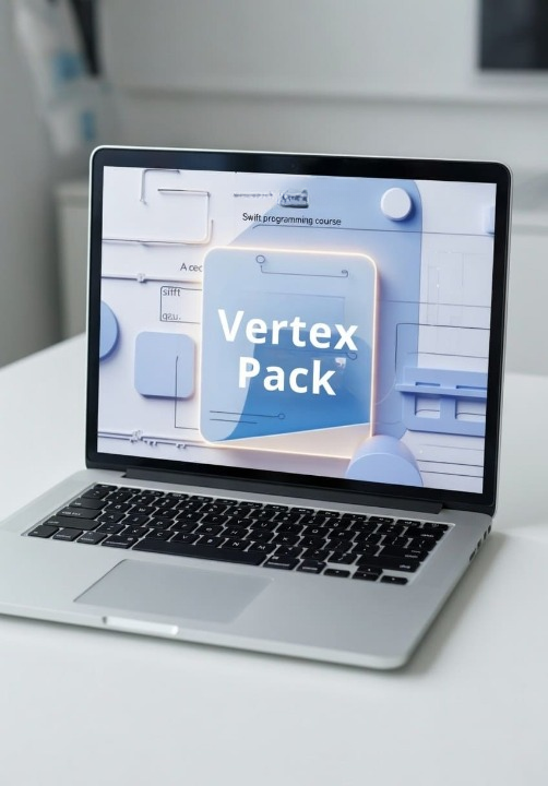 Laptop displaying a 'Vertex Pack' software interface on a white surface.