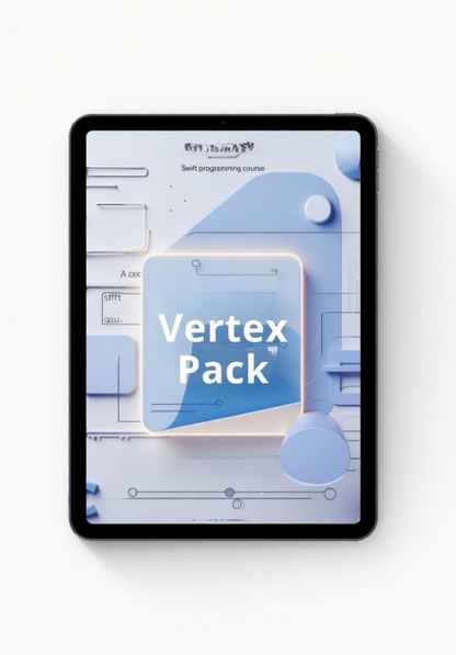 Tablet displaying a 'Vertex Pack' app on a white background