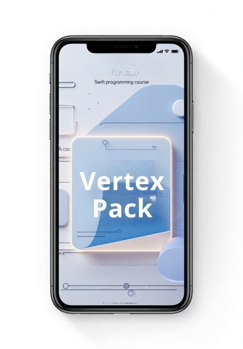 Phone displaying a Swift programming course with 'Vertex Pack' branding on a white background