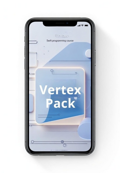 Phone displaying a Swift programming course with 'Vertex Pack' branding on a white background