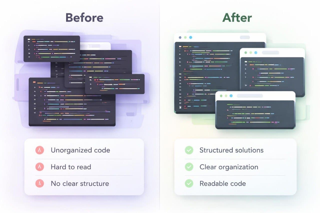 Comparison of unorganized code on the left and structured solutions on the right with text labels.